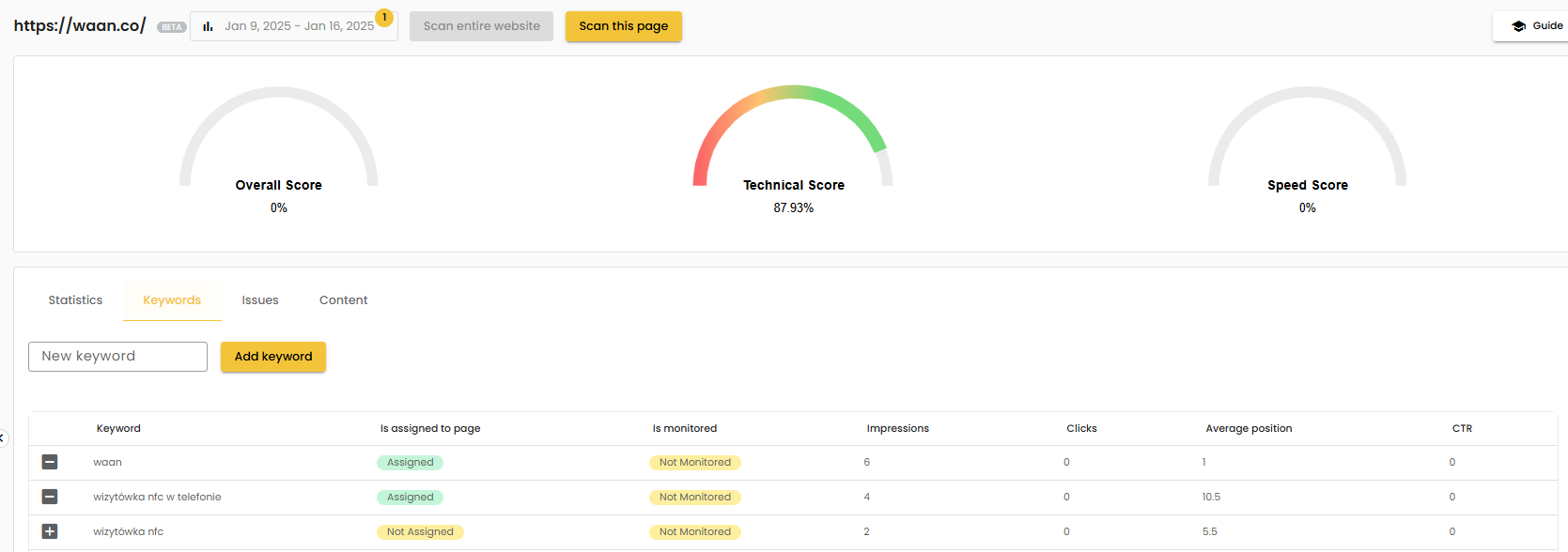 Widok modułu analizy jakości strony — zakładka Keywords z wynikami Overall Score, Technical Score i Speed Score