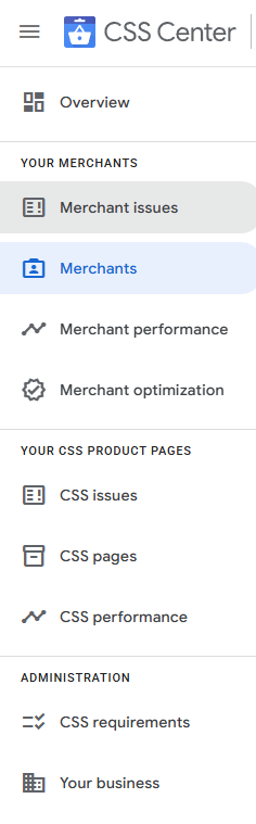 Panel boczny CSS Center z zaznaczoną sekcją Merchants