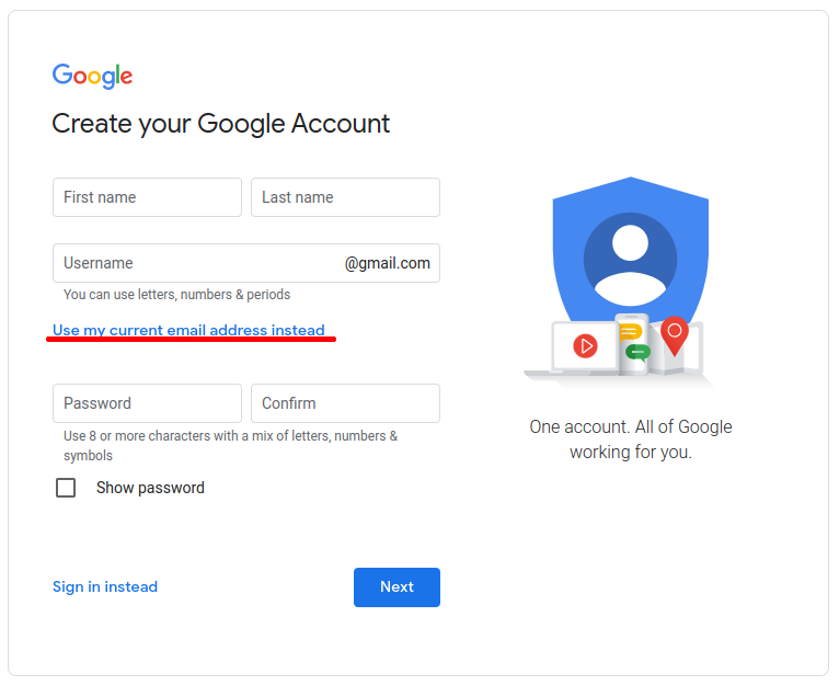 Formularz tworzenia konta Google z podświetloną opcją "Zamiast tego użyj mojego obecnego adresu e-mail"