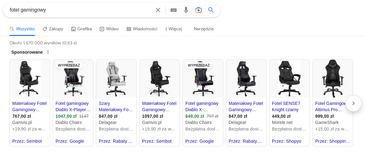 Przykładowe reklamy produktowe — widoczne oznaczenia Przez: Sembot, Przez: Google i inne