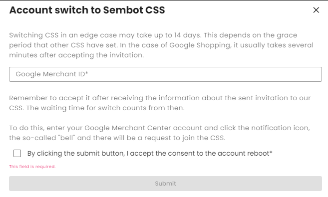 Formularz Account switch to Sembot CSS z polem Google Merchant ID