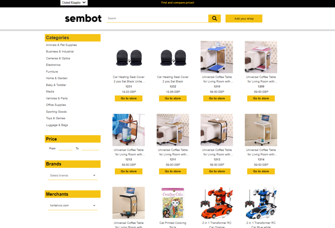 Strona porównywarki cenowej sembot.eu z listą produktów i sekcją Sprzedawcy