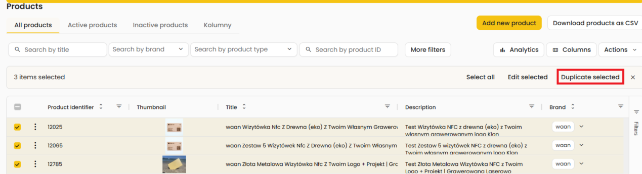 Duplicate selected — lista produktów