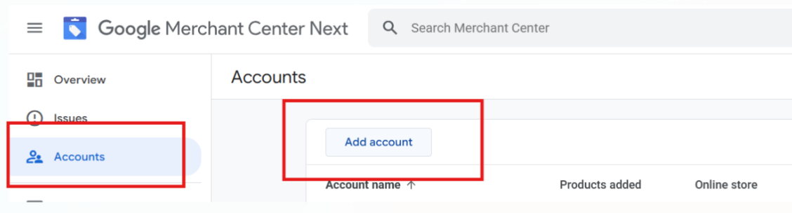 Google Merchant Center — zakładka Konta z przyciskiem Dodaj konto
