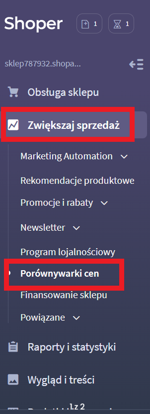 Krok 2-3 - menu Zwiększaj sprzedaż i Porównywarki cen