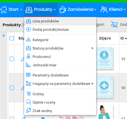 Krok 1 - menu Produkty, opcja Lista produktów