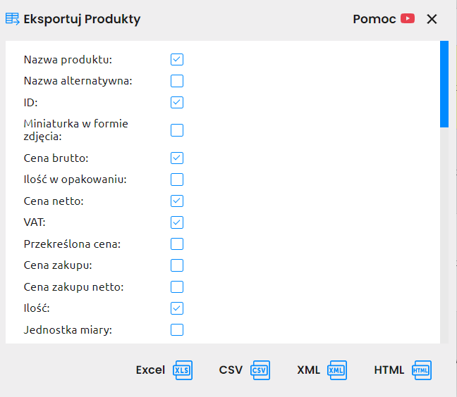 Krok 3 - okno Eksportuj Produkty z wyborem atrybutów i formatu pliku