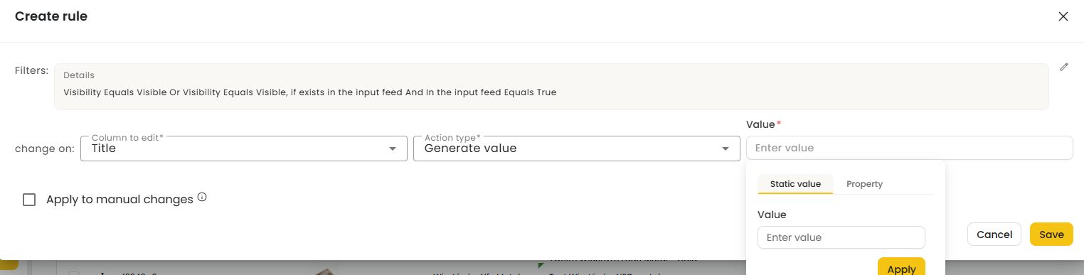 Create rule — kolumna Title, akcja Generate value