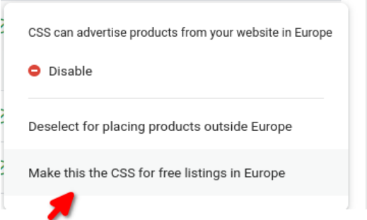 Opcja Make this the CSS for free listings in Europe